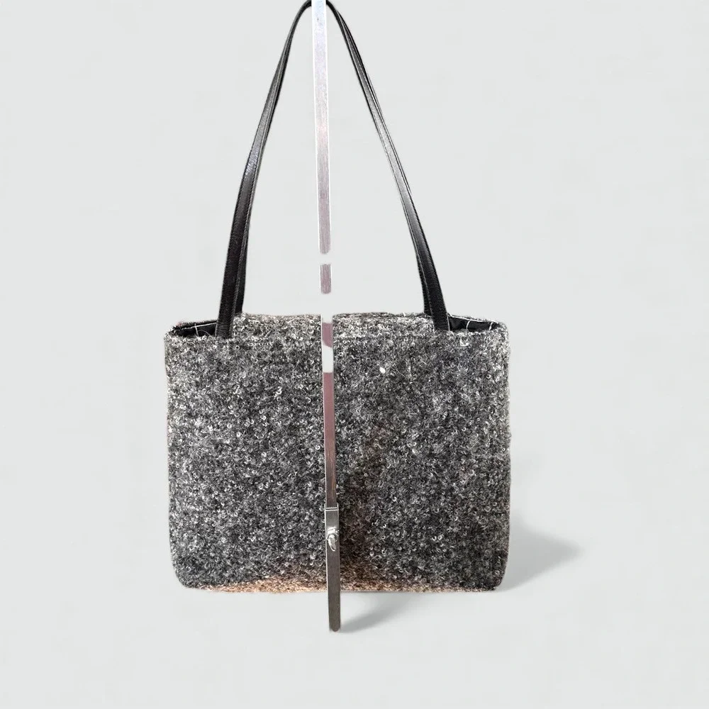 Kate Spade VTGE NewYork Textured Tote Bag Gray black Leather Straps Snap Closure